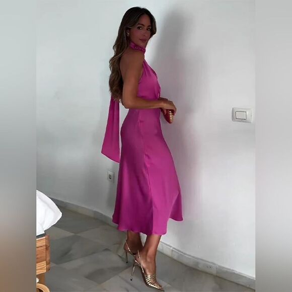 NWT ZARA FLORAL SATIN EFFECT MIDI DRESS pink - Picture 9 of 17